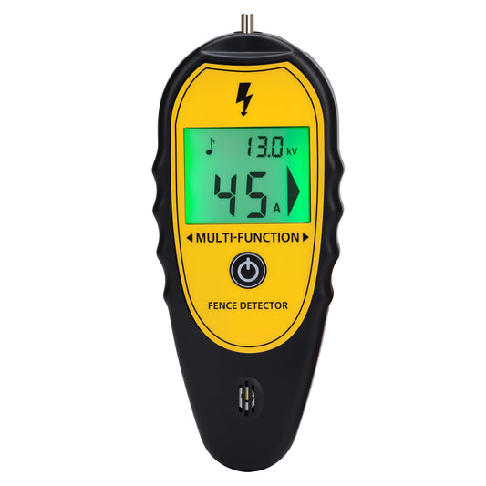Electric fence tester, front view on white background, backlit LCD showing 13.0 kV and 45 A