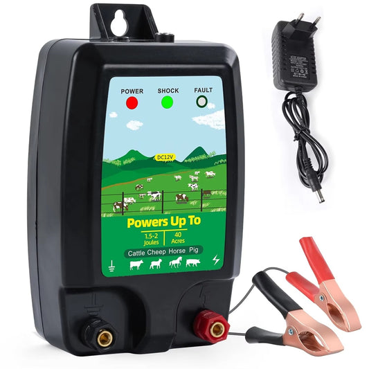 Electric Fence Charger 12V Battery Powered – 2 Joules 6 Miles 40 Acres Cattle Horse Pig