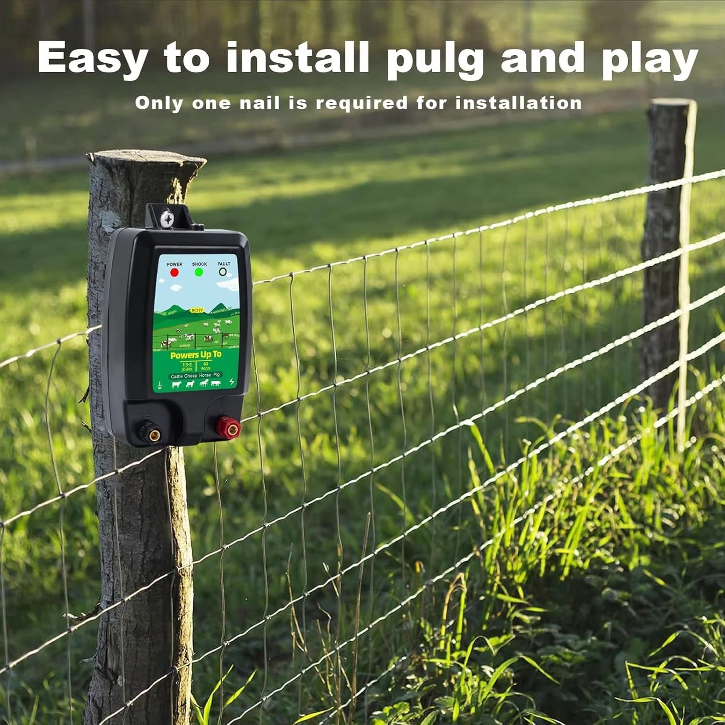 Electric Fence Charger 12V Battery Powered – 2 Joules 6 Miles 40 Acres Cattle Horse Pig