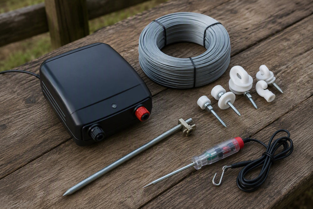 Electric fence components flat-lay: energizer, wire, insulators and tester