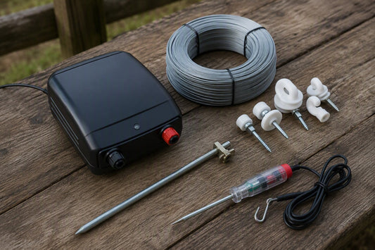 Electric fence components flat-lay: energizer, wire, insulators and tester