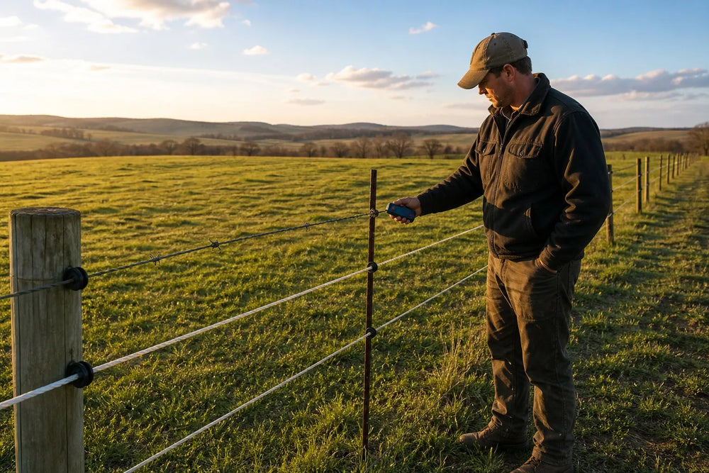 Farmhand testing an electric fence wire with a fence tester on a pasture