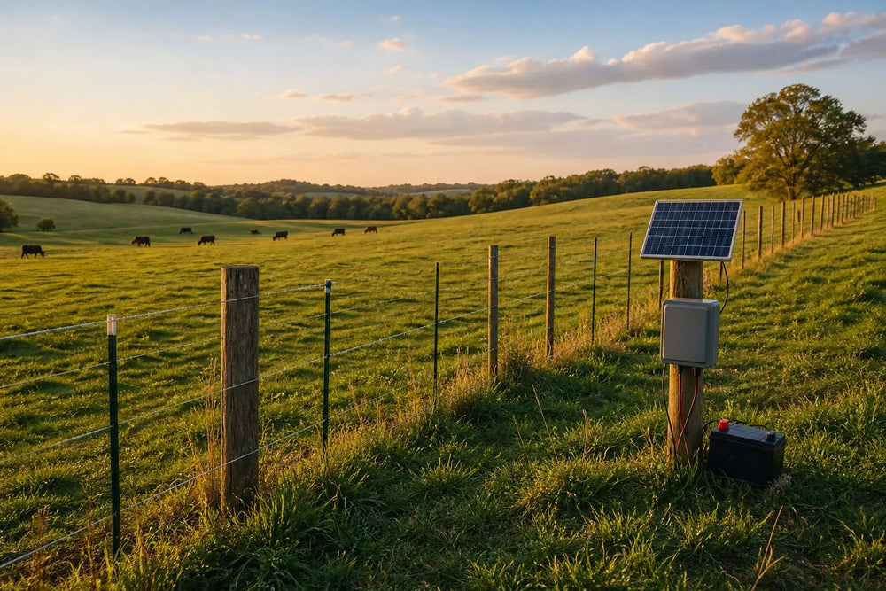 Pasture with an electric fence line, battery and solar powered energizer on a post