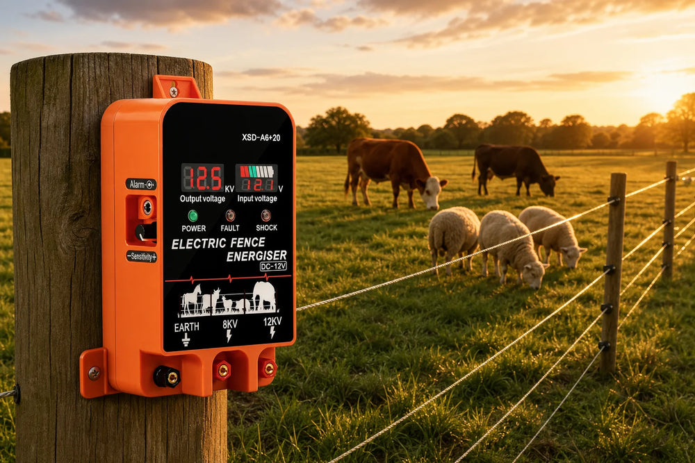 LIFEALL A620 5.5J electric fence energizer mounted on a pasture fence post with cattle and sheep grazing
