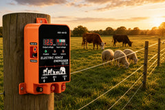 LIFEALL A620 5.5J electric fence energizer mounted on a pasture fence post with cattle and sheep grazing