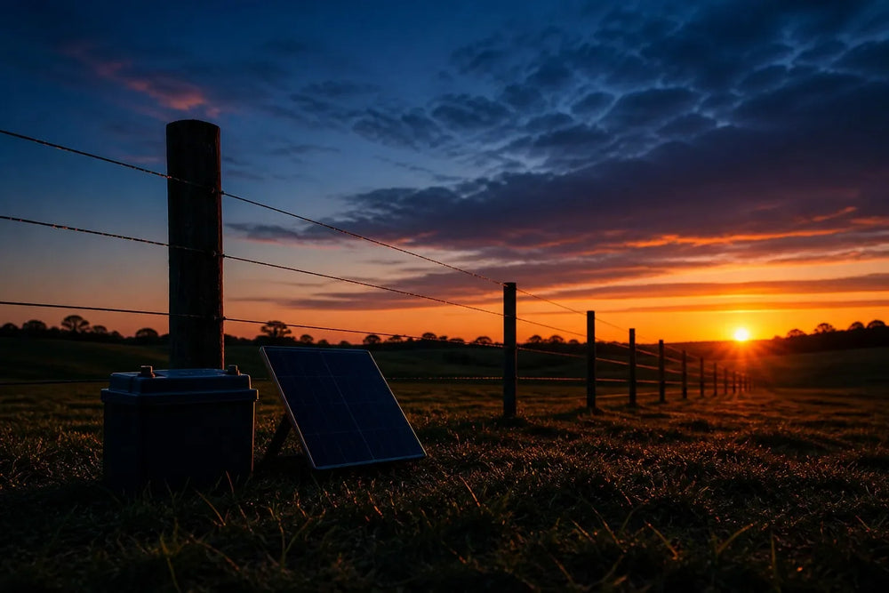 Electric fence line at dusk with a battery and solar panel in silhouette