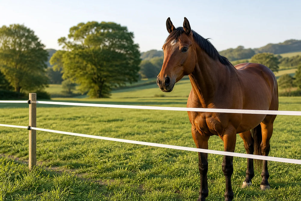Bay horse in a green pasture beside a white polytape electric fence