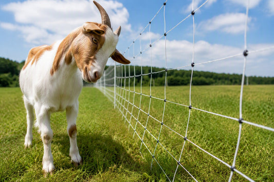 Goat studying portable electric netting in a rotational grazing paddock
