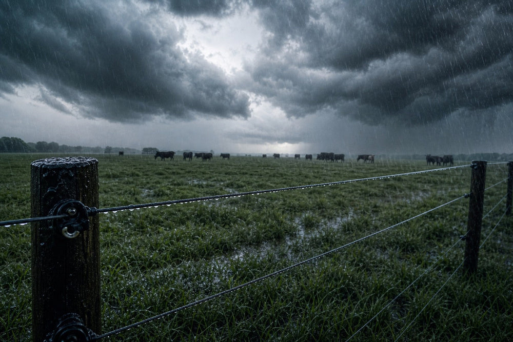 Electric fence line in heavy rain with storm clouds over a pasture