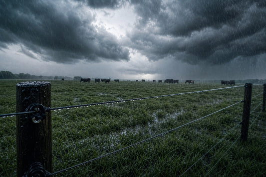 Electric fence line in heavy rain with storm clouds over a pasture