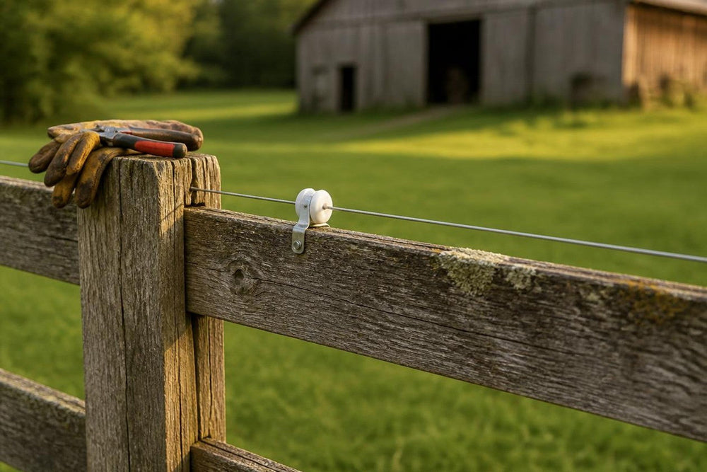 Retrofitting an old wooden fence with electric wire and insulators