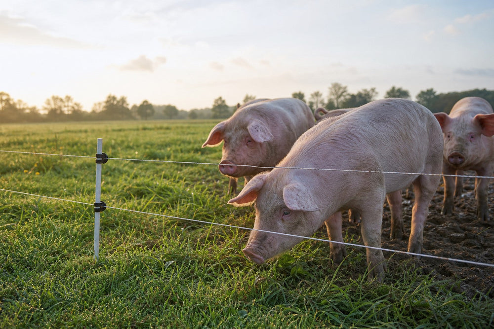 Pigs in a pasture beside a low electric fence with step-in posts