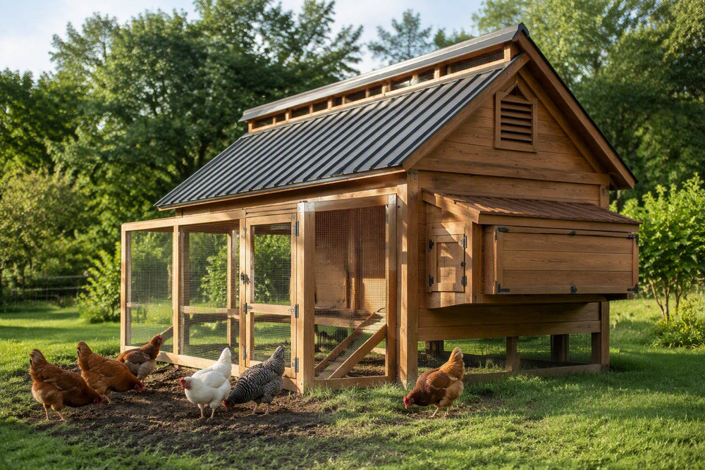 Backyard chicken coop with ridge vents for healthy ventilation