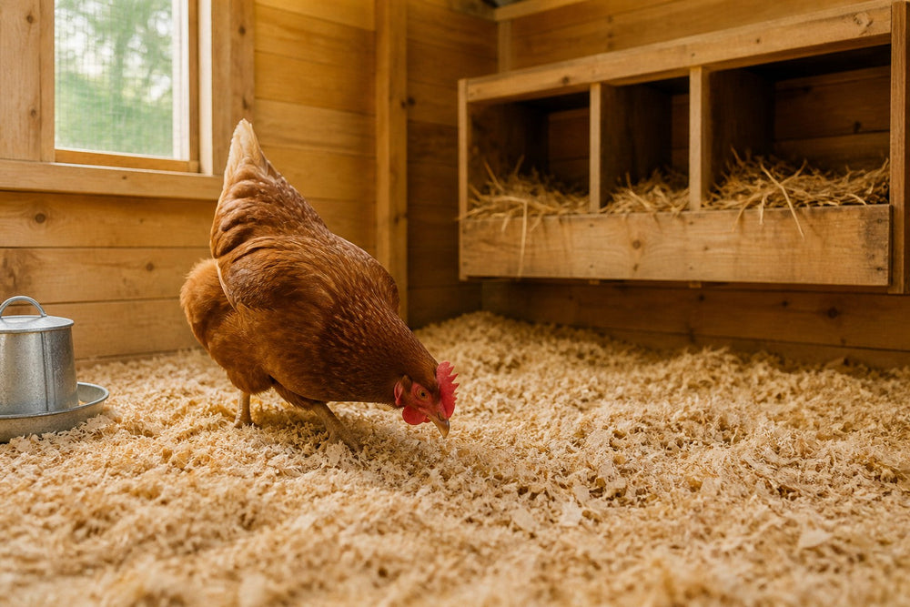 Clean chicken coop interior with pine shavings bedding and nesting boxes