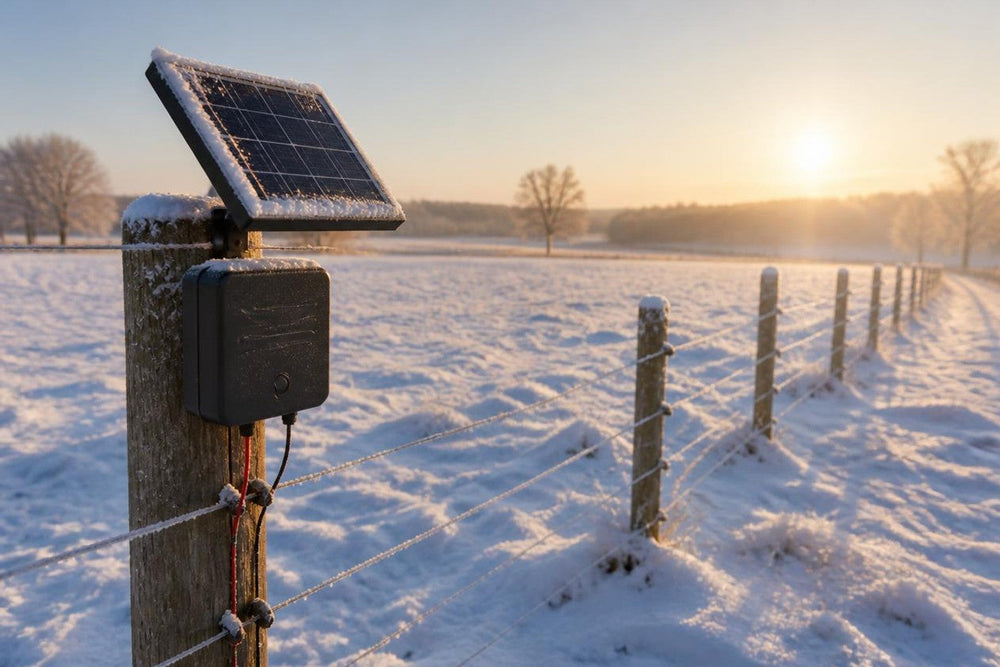 Solar electric fence energizer in snow with low winter sun