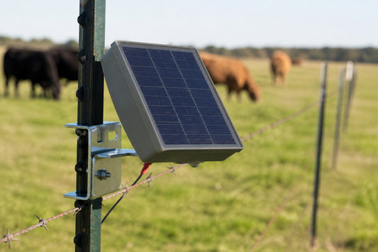 Solar fence charger mounted on a steel T-post with bracket