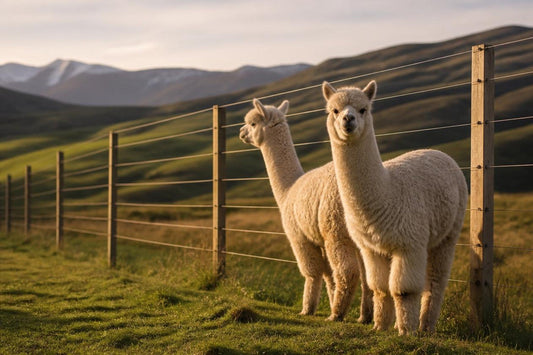 Alpacas standing beside a tall electric fence in a green paddock