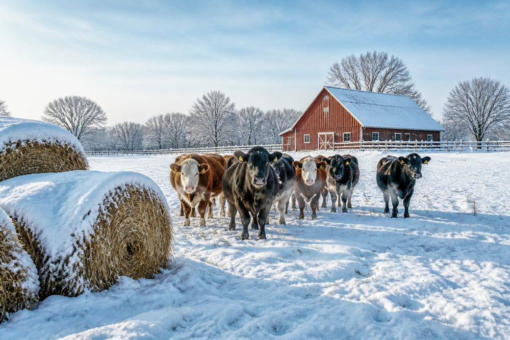 Cattle in a snow-covered pasture near a barn with hay bales
