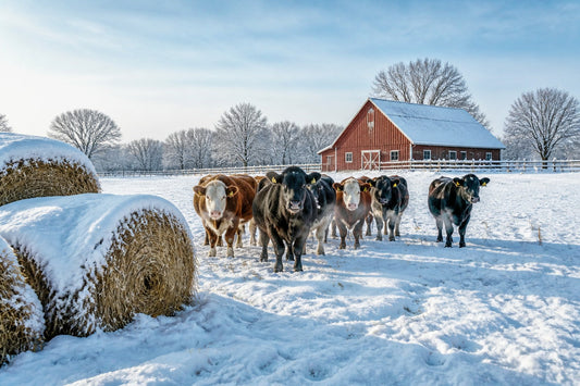Cattle in a snow-covered pasture near a barn with hay bales