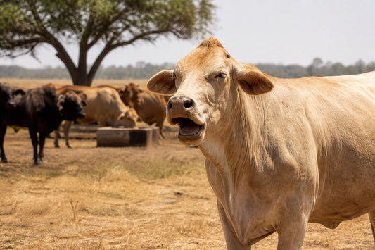 Cow panting in summer heat near a shade tree and water trough