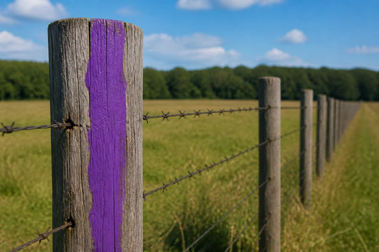 Wooden fence post with purple paint trespassing markings