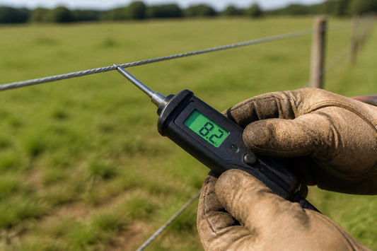 Farmer testing electric fence voltage with a digital tester