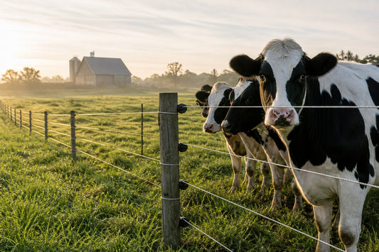 Holstein dairy cows beside a multi-strand high-tensile electric fence