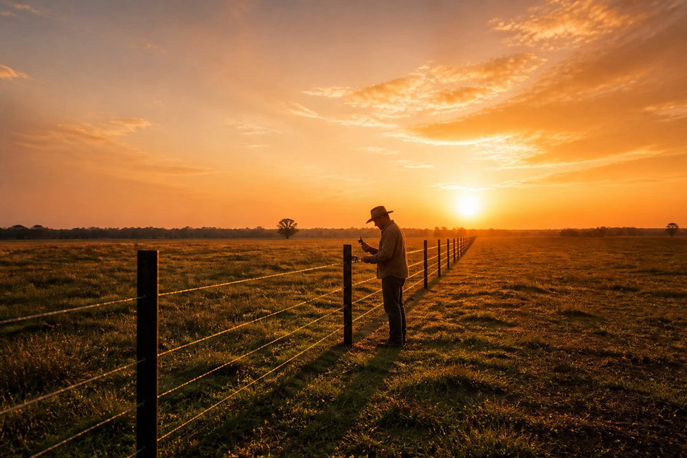 Electric fence ROI - farmer checking fence voltage with a tester at sunset