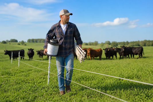 Farmer moving portable electric fence rolls to reduce fencing labor