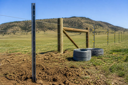 Steel T-post and wooden corner post for electric fence installation