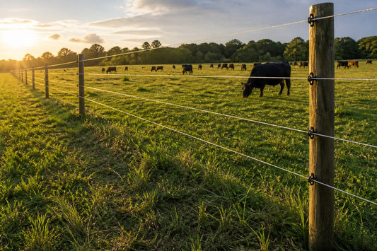 Multi-strand electric fence with cattle grazing in a pasture