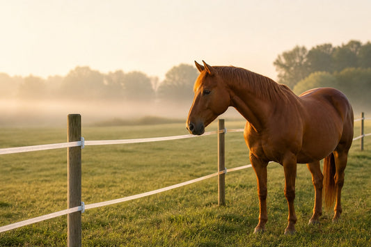 Horse standing beside a white electric tape fence in a paddock
