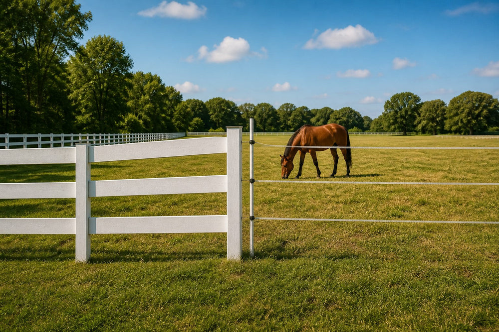 Horse farm with wood board fence and electric tape fence options