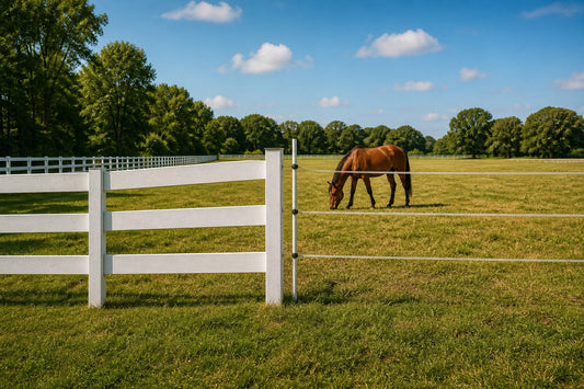 Horse farm with wood board fence and electric tape fence options