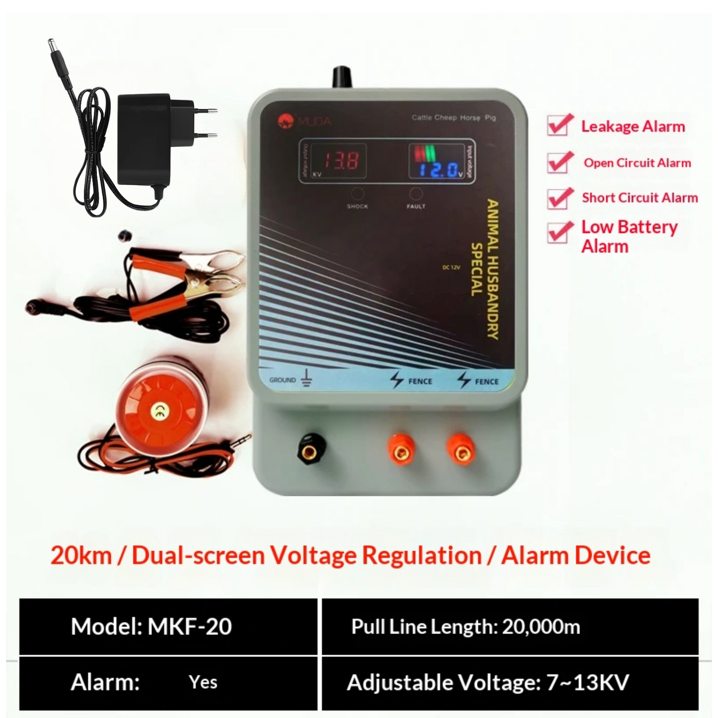 Electric Fence Charger 12V LCD & Alarm & Remote – 12 Miles 20KM for Cattle Sheep Horse Pig
