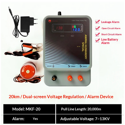 Electric Fence Charger 12V LCD & Alarm & Remote – 12 Miles 20KM for Cattle Sheep Horse Pig