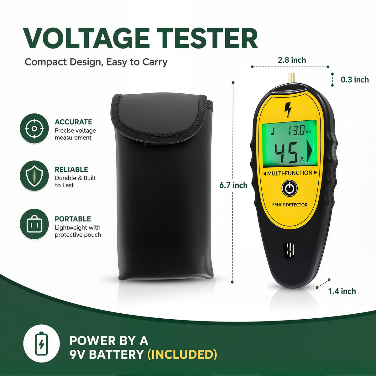 Electric fence tester and protective pouch with 6.7 inch and 2.8 inch dimension callouts, 9V battery included