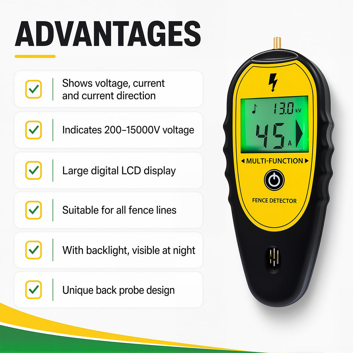 Electric fence tester advantages chart: voltage, current and direction, 200-15000V range, backlit LCD, all fence lines