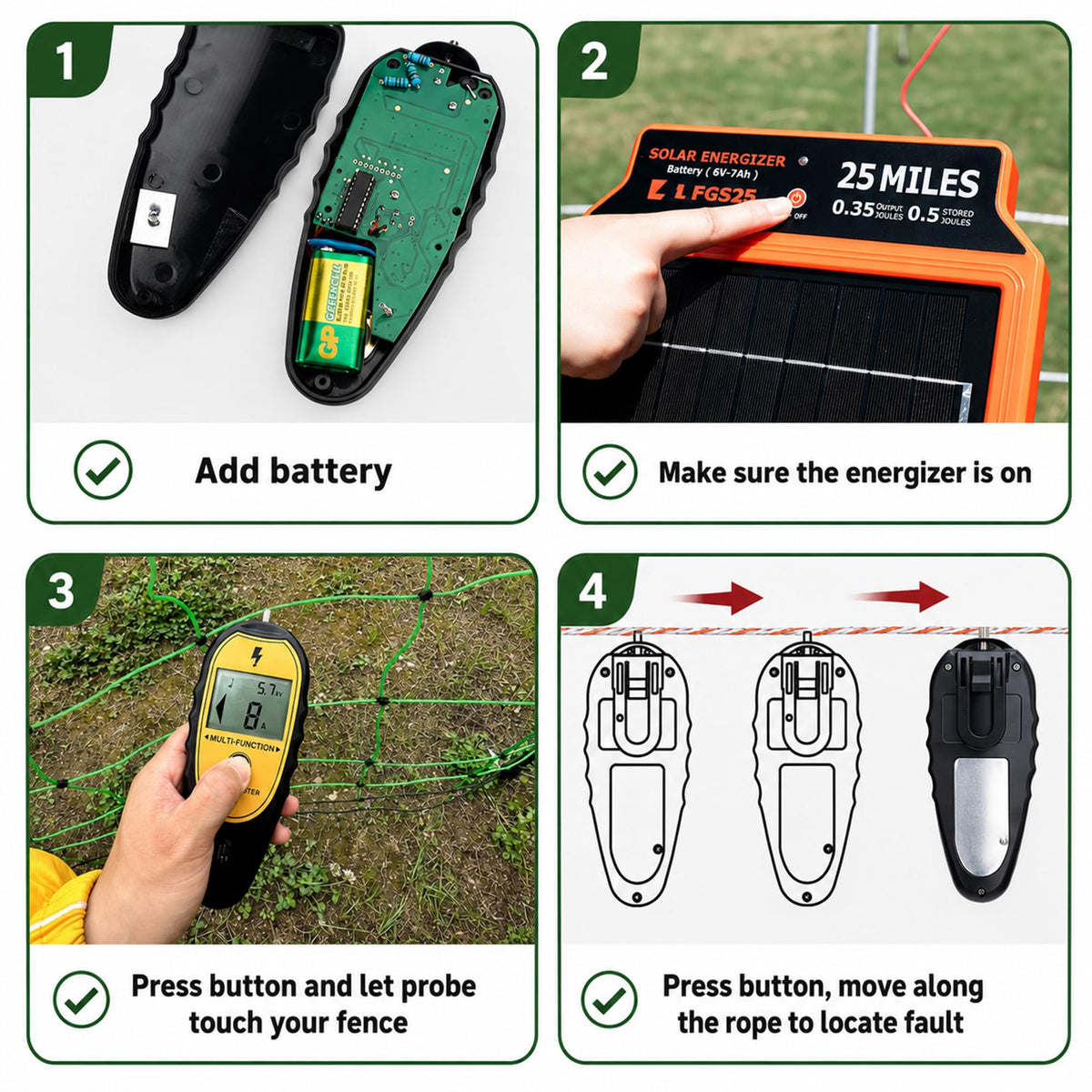 Four steps to find fence faults with an electric fence tester: battery, energizer on, probe to fence, move along rope