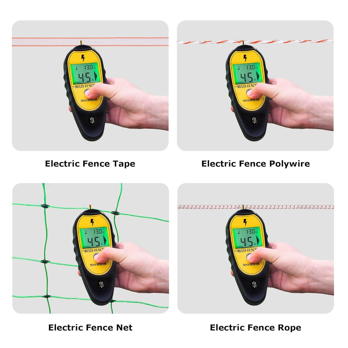 Electric fence tester held against four fence types: electric fence tape, polywire, net and rope