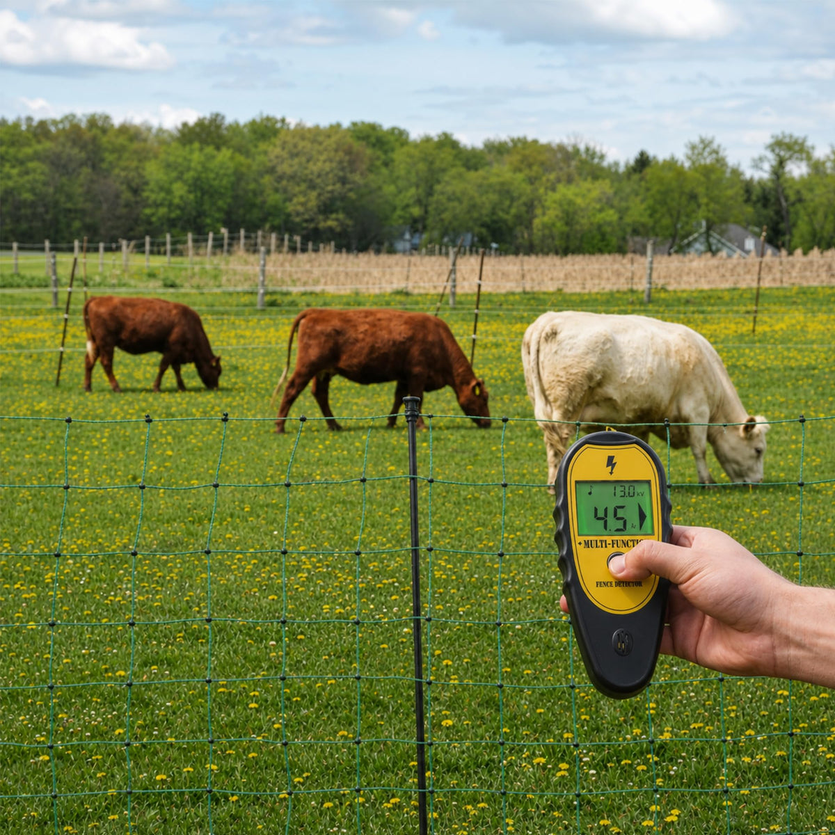 Hand holding an electric fence tester in front of grazing cattle behind a wire fence in a pasture