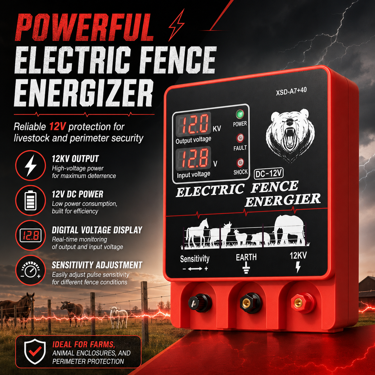 9 Joule Electric Fence Energizer with Bear Protection – High-Power Charger for Farm & Ranch Animals