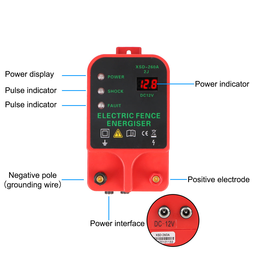 Electric Fence Charger 12V Battery with Alarm – XSD-260A 2 Joules 6 Miles for Cattle Horse Sheep