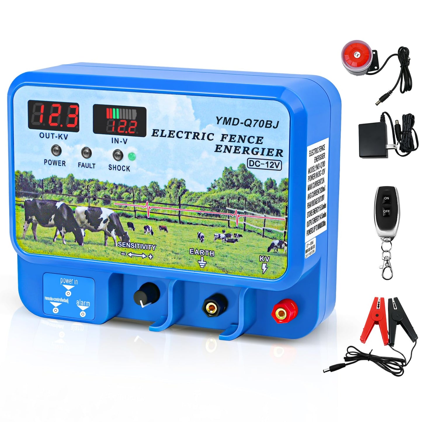 LIFEALL 15.5J Electric Fence Charger YMD-Q780BJ with Alarm Remote Control Alligator Clips Full Set