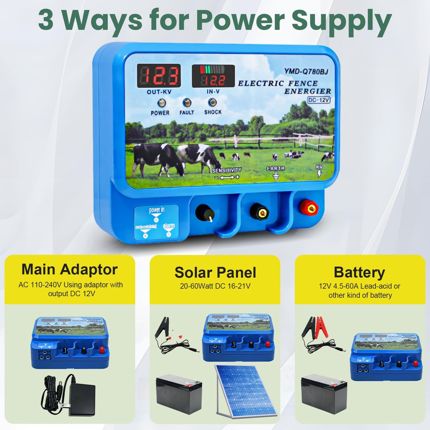 3 Ways for Power Supply - Main Adaptor AC 110-240V Solar Panel 20-60W Battery 12V 4.5-60A
