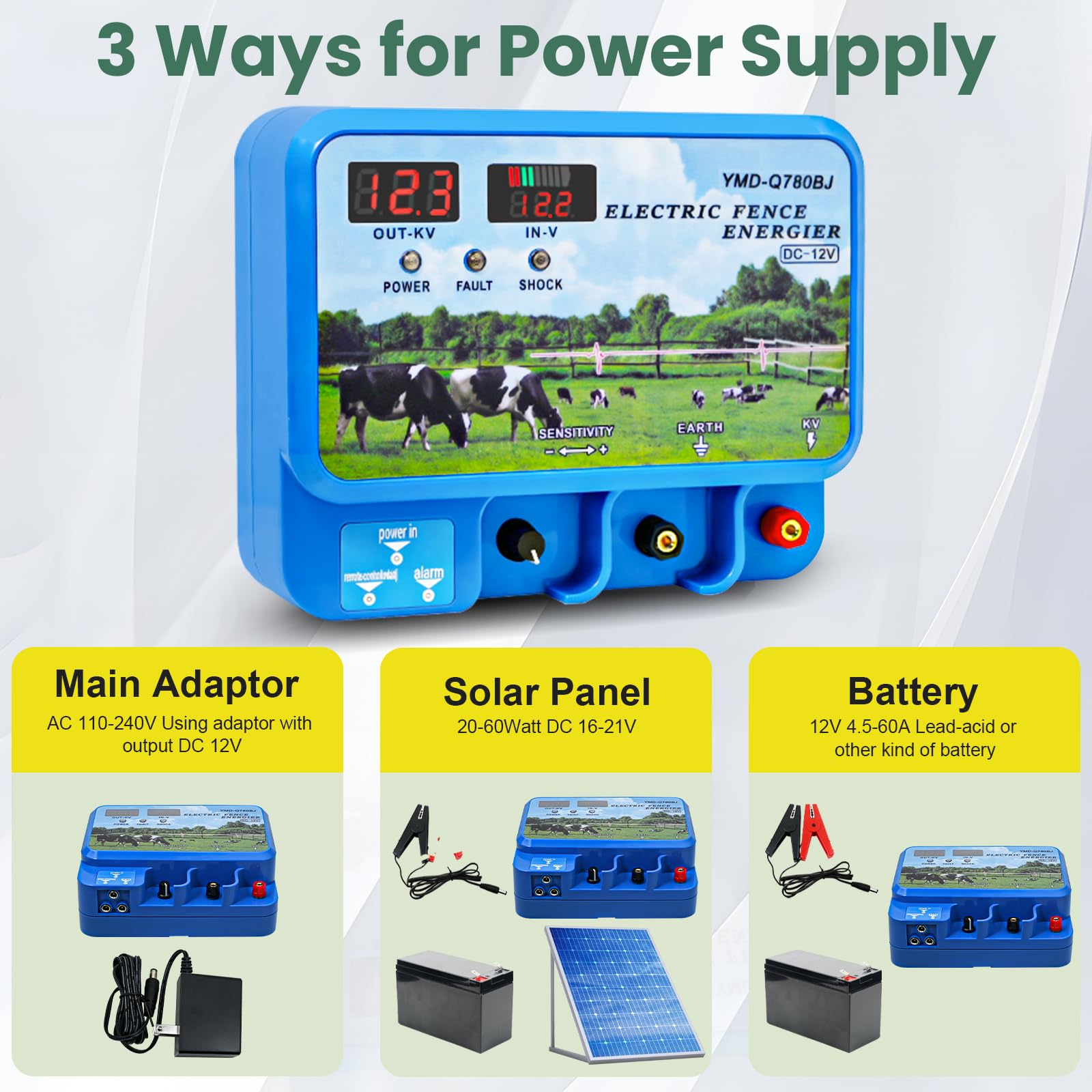 3 Ways for Power Supply - Main Adaptor AC 110-240V Solar Panel 20-60W Battery 12V 4.5-60A