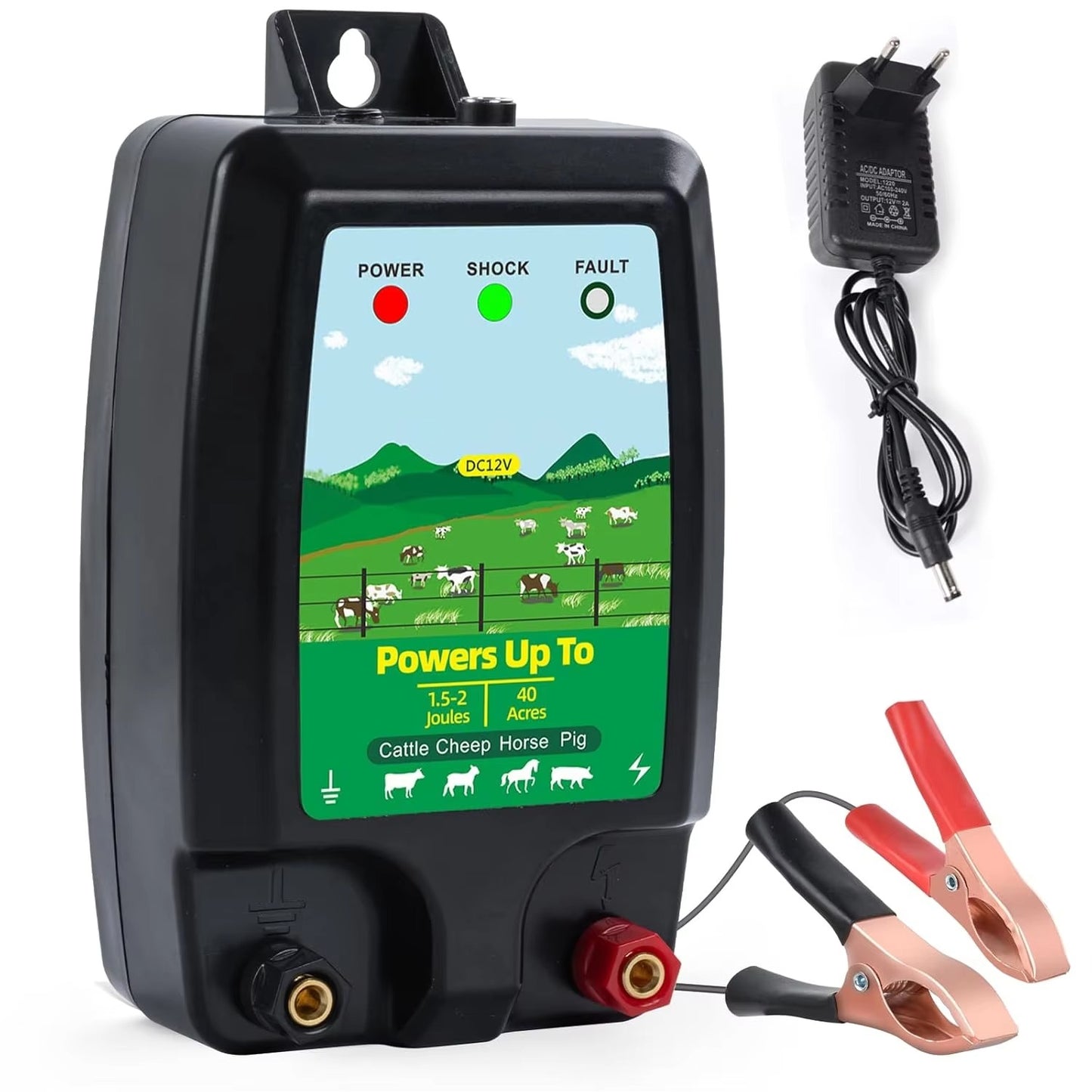 Electric Fence Charger 12V Battery Powered – 2 Joules 6 Miles 40 Acres Cattle Horse Pig