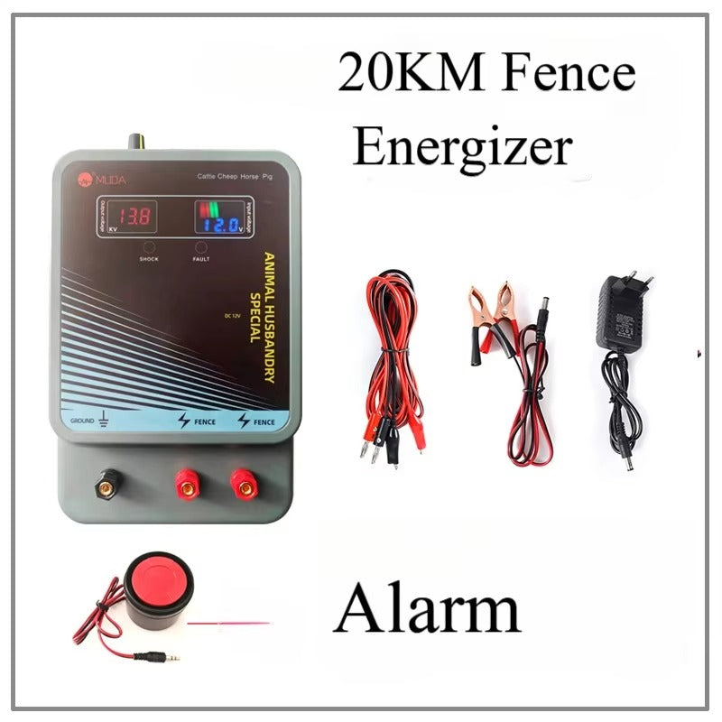 Electric Fence Charger 12V LCD & Alarm & Remote – 12 Miles 20KM for Cattle Sheep Horse Pig