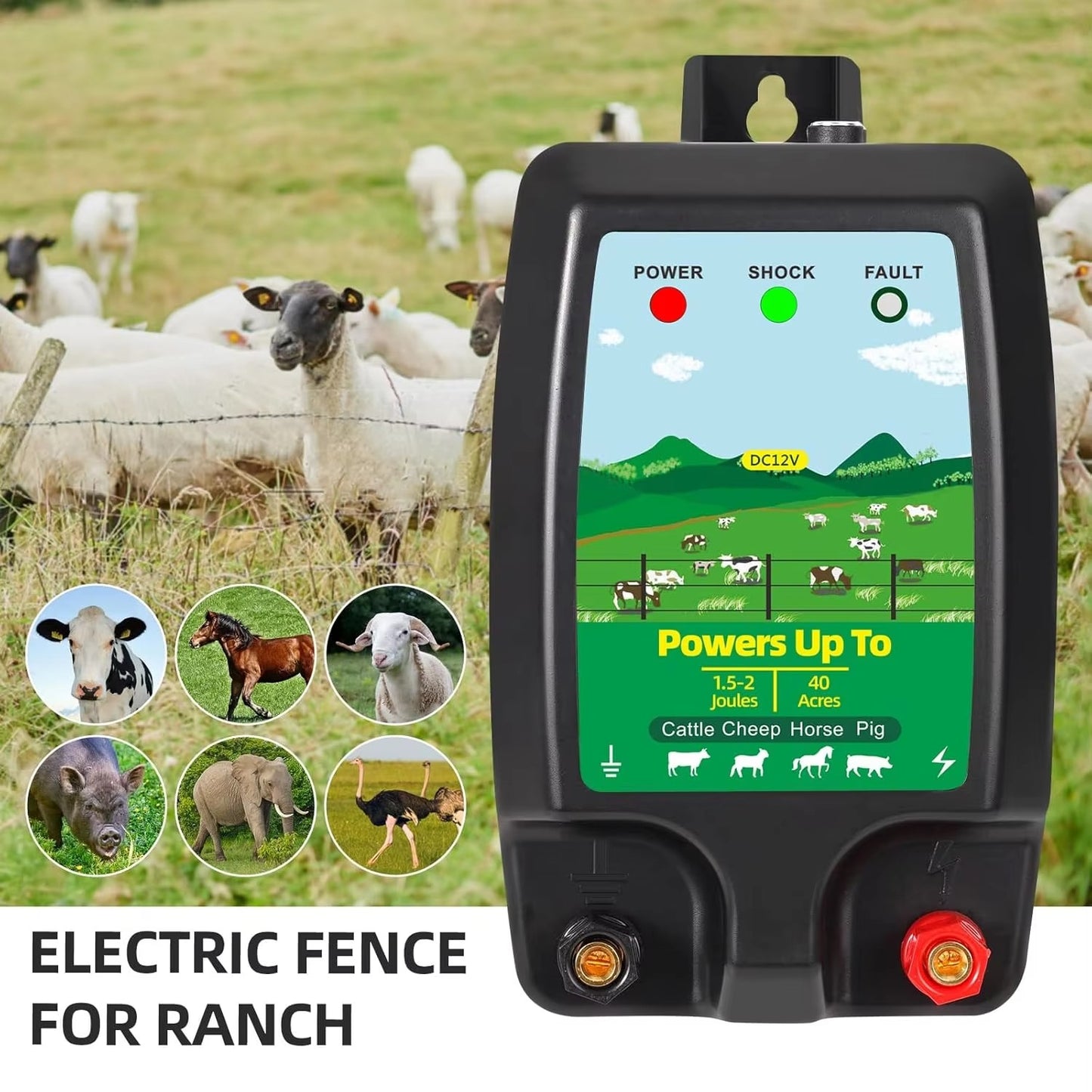 Electric Fence Charger 12V Battery Powered – 2 Joules 6 Miles 40 Acres Cattle Horse Pig