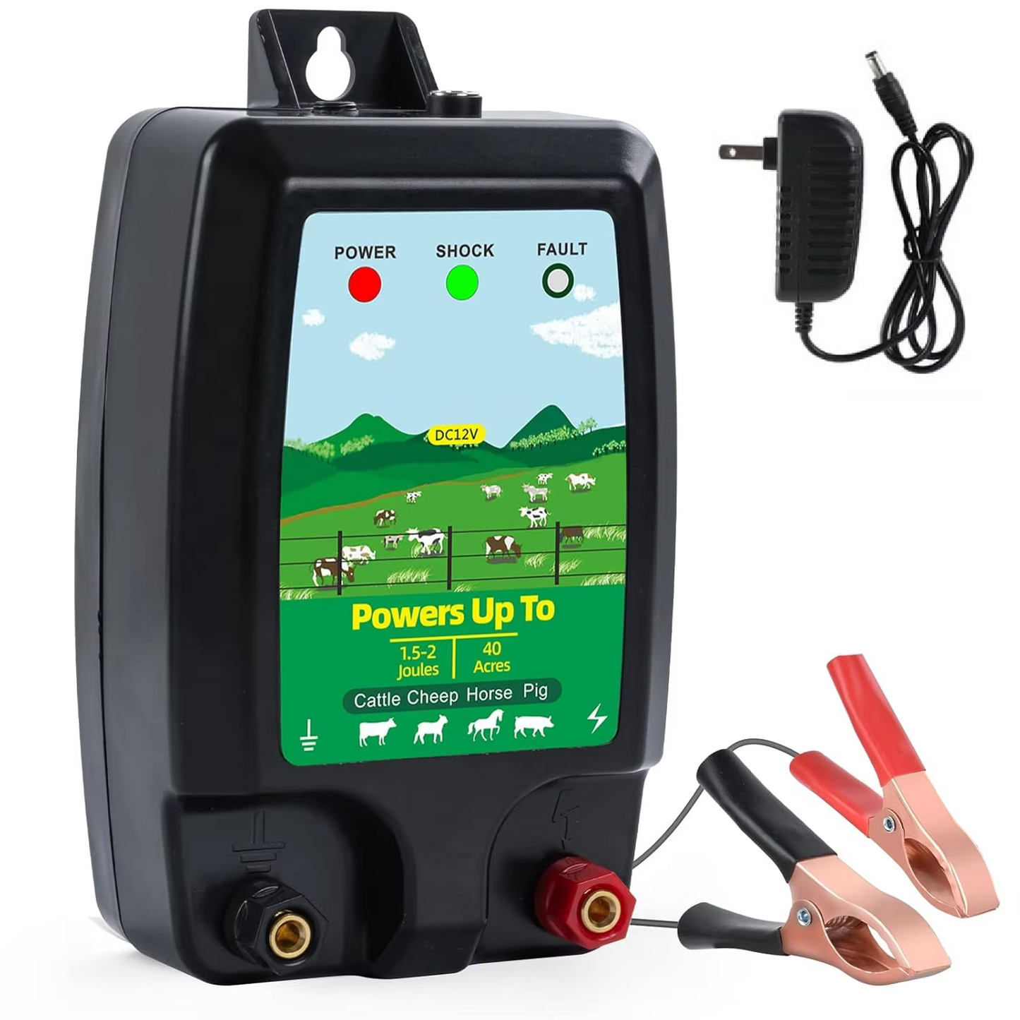 Electric Fence Charger 12V Battery Powered – 2 Joules 6 Miles 40 Acres Cattle Horse Pig